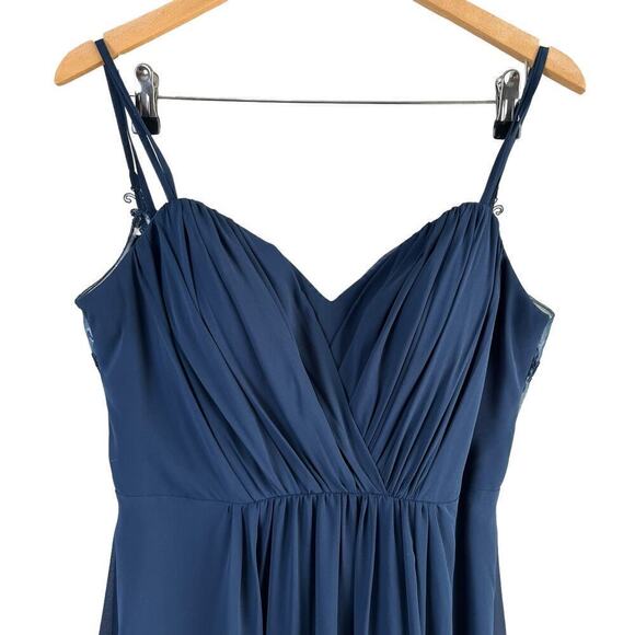 Azazie A-Line Pleated Chiffon Bridesmaid Dress Lace V Back in Navy Blue, Size A8 - Picture 4 of 13